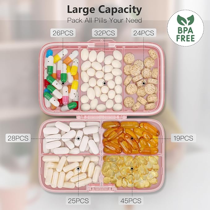 FYY Travel Pill Organizer, Large Weekly Medicine Pill Organizer-Pink | Airtight Moistureproof Medicine Case, Easy to Use, 8 Compartment Pill Box for Vitamins, Fish Oil, Supplements, Mini First Aid