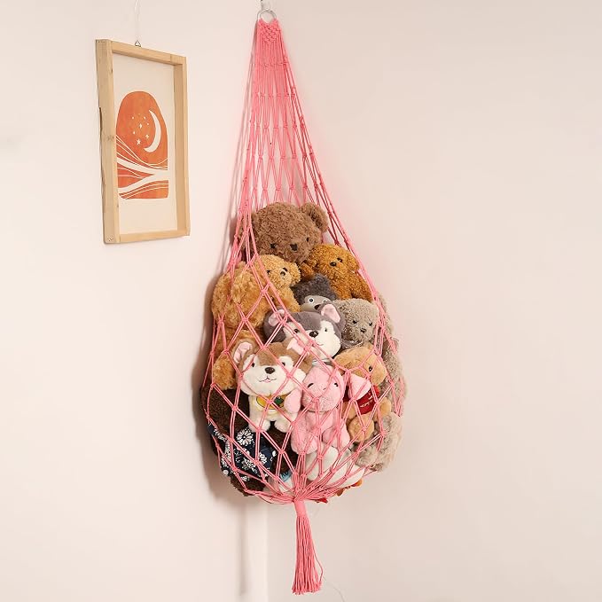 Amdermi Stuffed Animal Net or Hammock Corner Hanging Net for Stuffy Animal Storage Macrame Toy Display Plush Toy Holder Wall Pet Net for Nursery Kid Bedroom Decor Playroom Organizer (Pink)