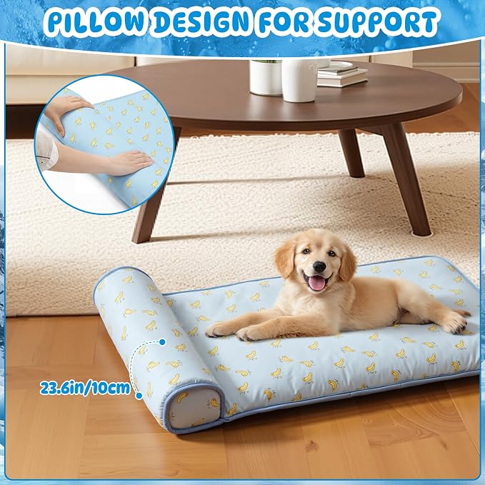DoubleFill 4 Pack Cooling Pet Mats 23.6" x 31.5" Cooling Dog Beds with Supportive Pillow Self Ice Washable Cool Pads Summer Cat Sleeping Pad with Storage Bag for Summer Crate Floor (Large, Blue)