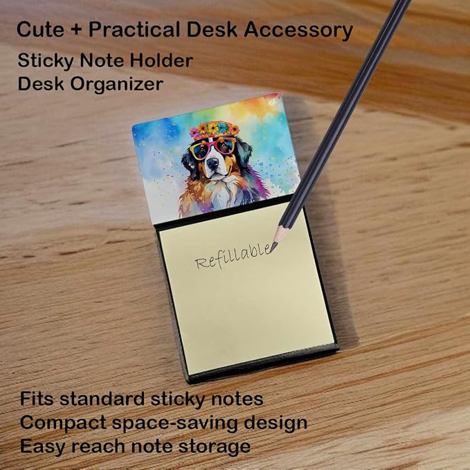 Caroline's Treasures Bernese Mountain Dog Hippie Dawg Sticky Note Holder Refillable Dispenser Self-Sticky Note Pads, Memo Pads Blank Desk Accessories