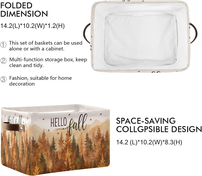 Wamika Hello Fall Forest Storage Basket with Waterproof Liner and PU Handles Maple Leaves Pine Tree Storage Bins Boxes 14.2" Collapsible Decorative Organizer Baskets for Bedroom Closet Office 1 Pack