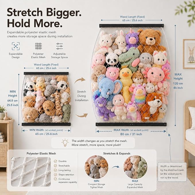Stuffed Animal Storage Net, Elastic Stuffed Toy Holder,Door/Wall Mount Length Adjustable Hanging Soft Toy Organizer, Plushie Net for Nursery Play Room-Black Boards