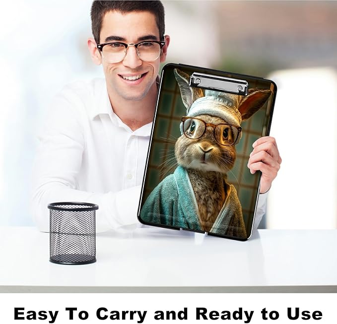 Heavy Duty Storage Clipboard, Slim Nursing Clipboard with Internal Pen Case, Portable File Organizer Case for A4 Letter Size Paper Office Medical Professionals, Glasses Rabbit