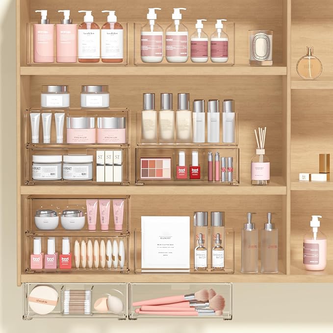 Bathroom Drawer Organizer Stackable Storage Drawers Clear Plastic Storage Bins Medicine Cabinet Organizer Makeup Organizers w Removable Divider Home Workspace Office Desktop Vanity Gift Idea 3Pack
