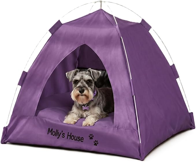 Personalized Dog Cat Pet Tent for Indoor with Name & Paw Print Multicolor | Portable Foldable Pet Cave Bed, Breathable Mesh Window, Removable Washable Cushion, Ideal for Kittens, Puppies,Small Breeds