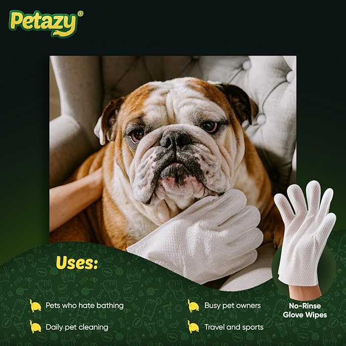 Petazy Pet Glove Wipes for Dogs & Cats – Hypoallergenic Thick Cleaning Gloves with Aloe & Coconut Oil for Paws, Face, Ears & Butt, Instant No Rinse Grooming Wipes to Deodorize and Hydrate, 50 Pack