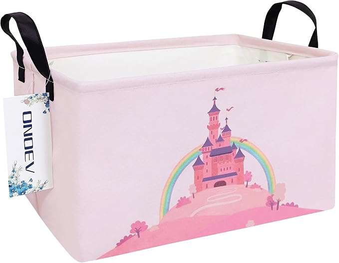 Rectangular Pink Castle Princess Closet Bedroom Storage Bin | Waterproof stain-proof cotton canvas, reinforced side grips, fairy castle print for girls, daily sundry arrangement