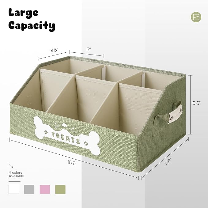 Dog Treat Container, Dogs Storage Organizer with Removable Dividers, Collapsible Dogs Treat Holder for Countertop, Trapezoid Pet Treats Containers, Dog Toy Basket with PU Handles, Medium, Green