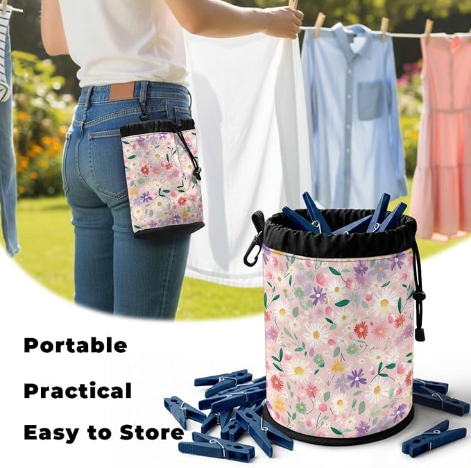 Clothespin Bag, Multi-Color Floral Large Clothes Pin Hanging Bag, Pin Bag with Large Opening for Clothes Lines Outside Yard Home Decoration
