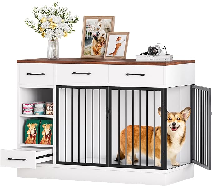 47.2'' Large Dog Crate Furniture with Drawers Wooden | with 3 Storage Drawers, Sturdy, Adjustable Shelf for Small, Medium Dogs