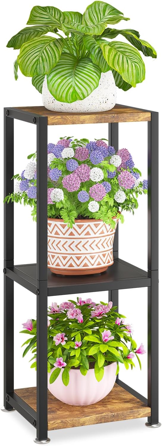 KMOTASUO 3 Tier Metal Plant Stand Tall for Indoor Outdoor Corner | Heavy Duty Flower Holder Rack, Modern Vertical Iron Shelf for Patio Bathroom Office Garden