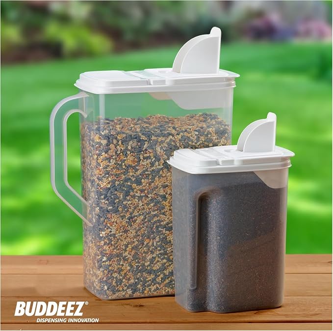 Buddeez Pet Food Storage Containers - 2 Count Bird Seed Dispenser with Pour Tight Lids and Easy Pour Spouts, 8 Qt and 3.5 Qt, Bird Seed Storage for Small and Large Feed, BPA Free