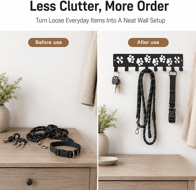 Dog Leash Holder for Wall, Key Holder Wall Mount, Cat Paws Design Metal Rack with 8 Hooks, Multi-Purpose Organizer Rack for Dog Leashes, Pet Collars, Toys, Treats & Household Keys