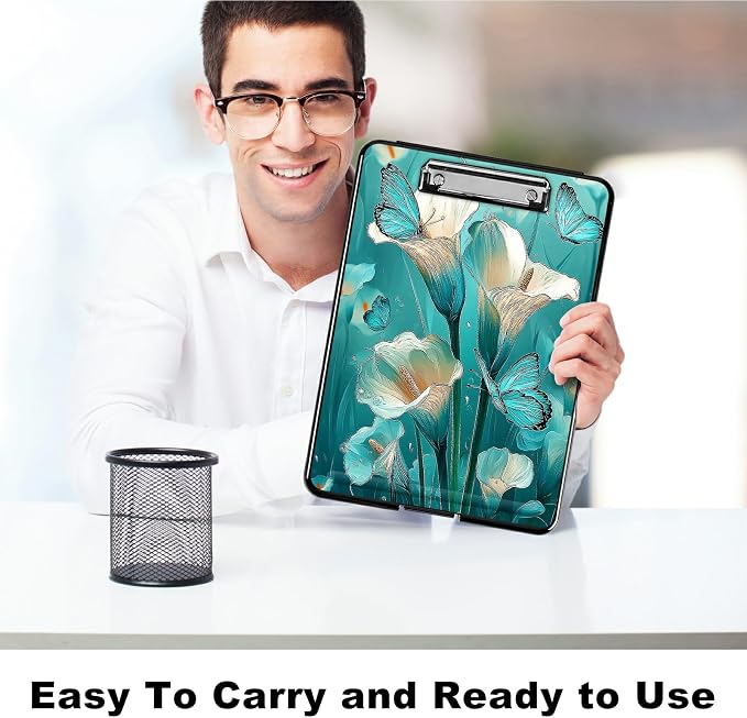 Heavy Duty Storage Clipboard, Slim Nursing Clipboard with Internal Pen Case, Portable File Organizer Case for A4 Letter Size Paper Office Medical Professionals, Blue Lily