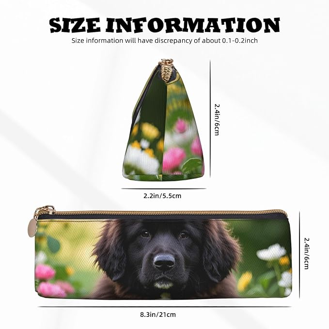 Leather Pen Case with Zipper - Aesthetic Pen Holder Cute Pet Newfoundland Dog Pencil Case for Women & Men - Handcrafted Pencil Bag Multi-Functional Travel Cosmetic Case for Work Office Tool Pouch