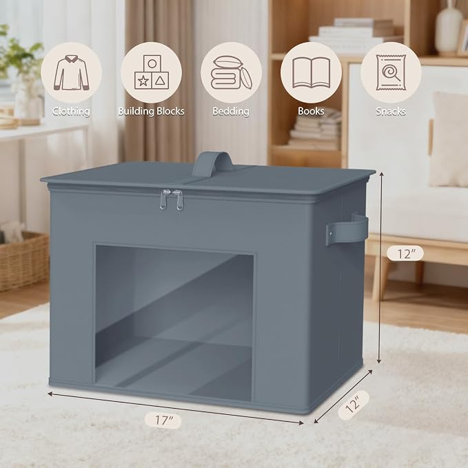 Zilink Fabric Foldable Storage Boxes with Lid Storage Bins, Grey, 4Pack | Stackable, Smooth Zipper, Clear Window, Fabric Closet Containers and Organizers for Home, Office, Bedroom