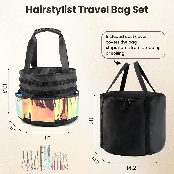 Hairstylist Travel Bag, with Dust Cover, 11L Large Capacity, Heat-Resistant Interior, Iridescent Pockets, 24 Hook-and-loop Slots, Top Drawstring, Makeup & Pet Grooming Supplies Organizer