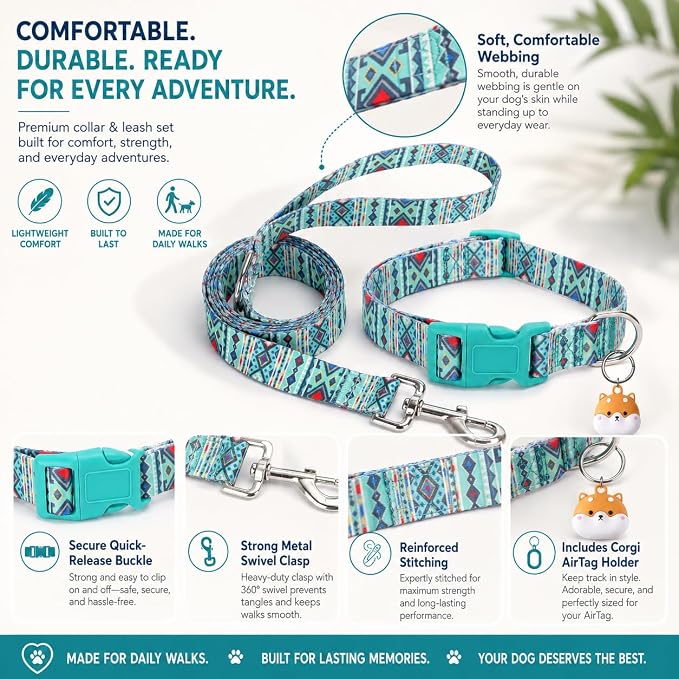 Matching Dog Collar and Leash Set with AirTag Holder-Maya/XS | Anti-Lost,Adjustable Durable Pet Collar Leash Combo for Puppy X-Small Boy Girl Dogs,Outdoor Walking Hiking Training Running
