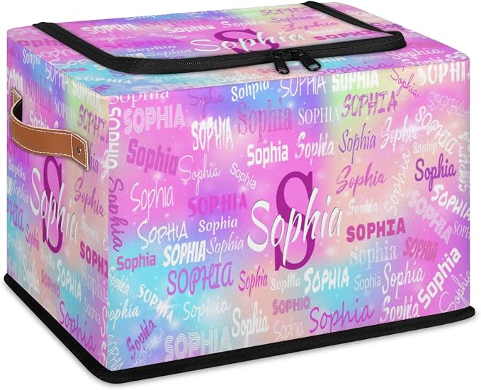 Custom Name Storage Bin with Lid Zipper, Personalized Storage Basket with Handles for Organizing Boys Girls Toys Office Closet Shelf Baskets, Watercolor Colorful Pink Blue Galaxy Background