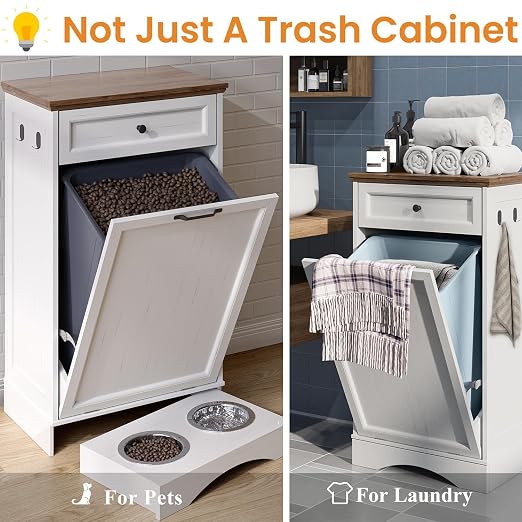 NEWOWNDS Tilt Out Trash Can Cabinet 10 Gallon Hidden Trash Garbage Can Cabinet with Drawer,Pet Proof Hidden Garbage for Kitchen,Laundry Bathroom (White, Single Door)