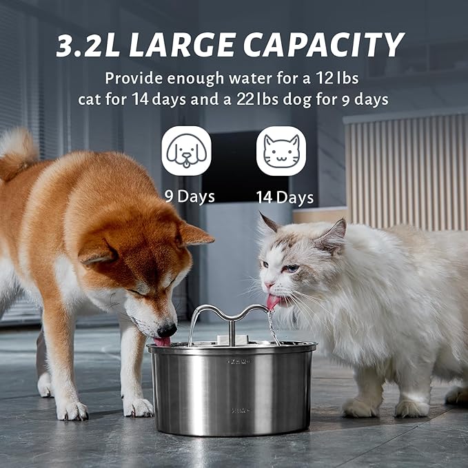DOOOB Cat Water Fountain, 3.2L/108OZ Stainless Steel Cat Water Fountain, Automatic Metal Dog Water Fountains Water Bowl with Ultra-Quiet Pump and 1 Filter & 1 Sponge