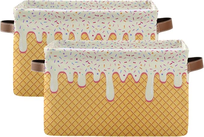 Wamika Ice Cream Drip Baseball Storage Basket with Waterproof Liner and PU Handles White Vanilla Storage Bins Boxes 14.2" Collapsible Decorative Organizer Baskets for Bedroom Closet Office 2 Pack