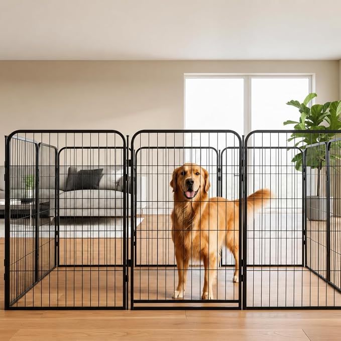 Indoor Dog Playpen - 24 inch, 16 Panels for Small and Puppy Size Dogs - Heavy Duty Metal Portable Pet Fence with Black Anti-Rust Coating - Play Pen w/Extra Wide Gate