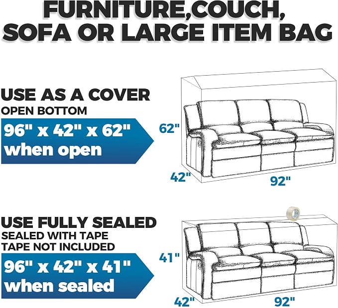 Plastic Furniture Covers for Moving - Heavy-Duty Couch Cover for Sofa, Waterproof & Dustproof Clear Moving Bags for Renovation, Wrap or Storage - Extra Large Bag Open Size 96 x 42 x 62 Inch