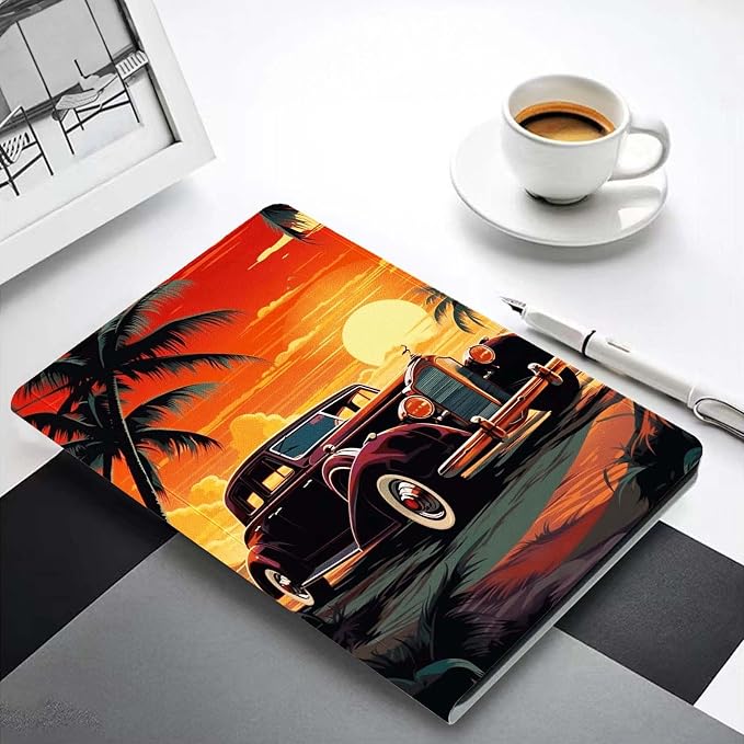 for Samsung Galaxy Tab A9 8.7 Inch 2023 (SM-X110/X115/X117) Tablet Case,Premium Leather Folio Stand Auto Wake/Sleep,Multiple Viewing Stand,Retro Car Sunset Palm Trees