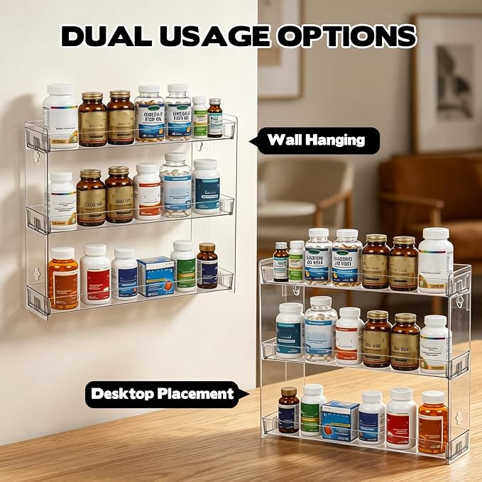 2PCS Medicine Bottle Organizer Shelf, 3-Tier Medicine Cabinet Organizer for Countertop Cabinetry and Bathroom, Transparent Removable Vitamins Organizer for Medication Bottles Vitamins Bottles