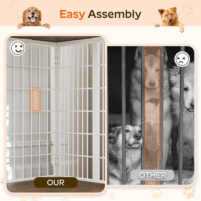 YATINEY Foldable Dog Crate Furniture, Dog Crate with DIY Frame, Heavy Duty Dog Kennel Indoor with Hooks, Wooden Dog Cage End Table, for Small/Medium Dogs, White and Walnut DC95WH