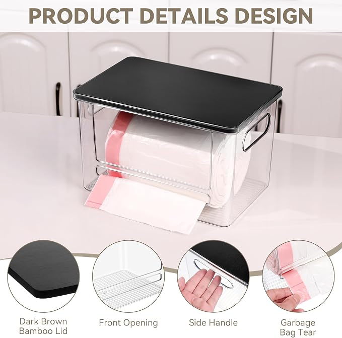 Trash Bag Dispenser Under Sink Organizer for Pantry, Kitchen | Acrylic Garbage Bag Dispenser, with Black Bamboo Top & Handles, Extra Large, Keep Onions and Potatoes Neat, Clear, Stackable