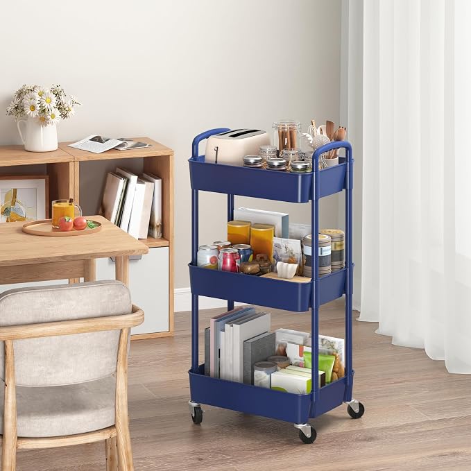 Sywhitta 3-Tier Plastic Rolling Utility Cart with Wheels for Storage,Blue | Multi-Functional Storage Trolley, for Office, Living Room, Kitchen, Bathroom,Movable Organizer,Space-Saving,Easy to assemble