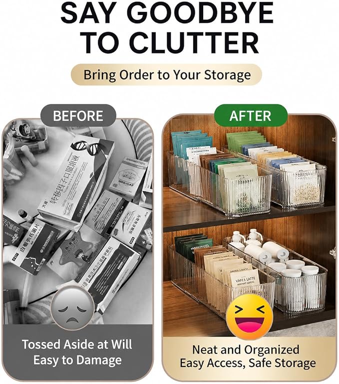 2-Pack Clear Expandable Drawer Organizer Bins, Fluted Plastic Pantry Storage and Organization Bins for Deep Kitchen Cupboard, Fridge, Bathroom, Sauce Packet Holder