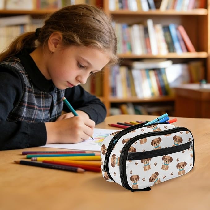 Cute Pets Puppies White pattern Large Capacity Pencil Case with Zipper Water Resistant Portable Organizer Pen Bag for Office Students School