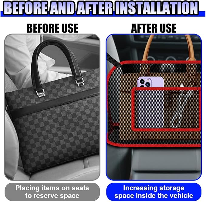 Car Net Pocket Handbag Holder, Large Capacity Automotive Organizer Mesh Pouch Between Front Seats, Auto Backseat Barrier for Pet Kid, Universal Vehicle Storage Bag for Women Men(Red)