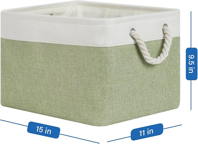 Temary Fabric Storage Baskets 4Pack Storage Bins Decorative Basket for Gift, Clothes Bin with Handles, Rectangle Baskets for Storage, Blankets(White&Green,15x11x9.5 inch)