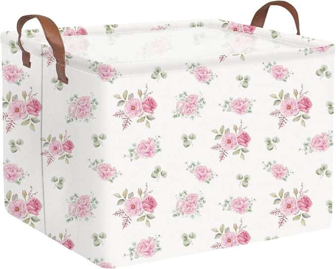 Rectangular Rose Pink Flower Basket for Girls,Waterproof collapsible laundry basket for girls,Kids Storage Baskets,Books Box,Gift Baskets,Baby Room Decor(Pink Flowers)