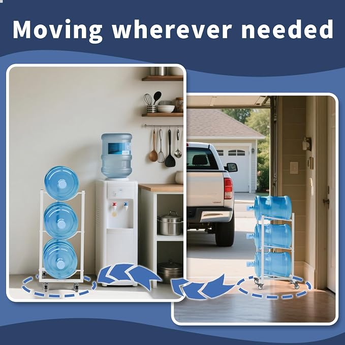 5 Gallon Water Jug Holder with Wheels: 5 Gal Water Bottle Storage Rack Stand for Home Kitchen Office Gym Garage (3 Tier White)