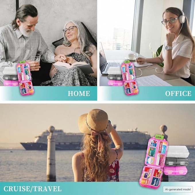 3 Pack Pill Organizers with Medicine Labels, Pink White Grey | 3 compact pill cases with 3x161 medicine labels for 7-day planning, vitamins, travel, family use, and separate routines
