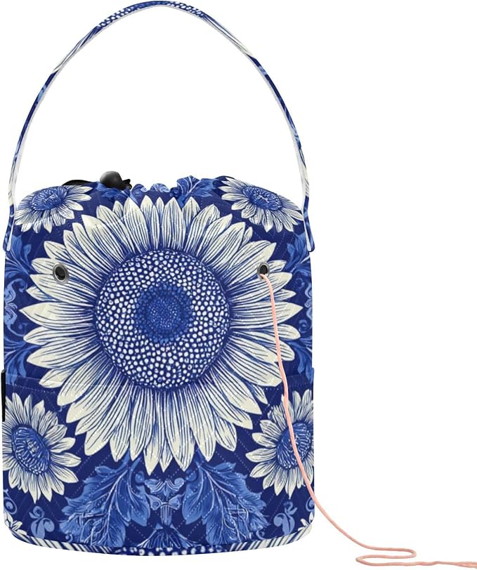 Tatenale Crochet Bag Yarn Bag Knitting Project Bag with Pockets and Handle Portable Yarn Storage Organizer Tangle Free 8.3x11 InchBlue and White Sunflowers Leaves10