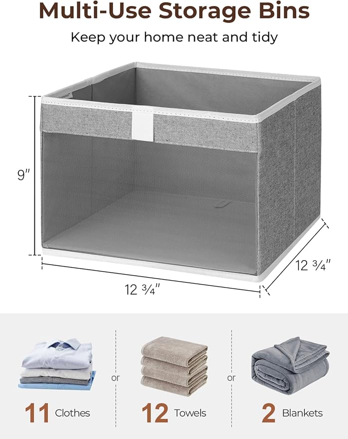 StorageWorks Large Closet Storage Bins, Fabric Storage Basket, Gray, 3-Pack | Mesh Front Window, Soft Leather Handles, Collapsible, Flip to Show/Hide, Closet Organizers Bins for Shelf, Bedroom, Bathroom