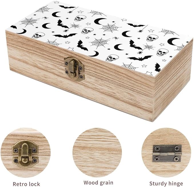 Wooden Keepsake Box for Memories Decorative Memory Boxes with Lid, Gothic | Skull Bat Spider Web Moon Art Gift Crafts Organizer, Wood Storage Container, Party Favor Decor, 9.2"x5.5"x3.9"