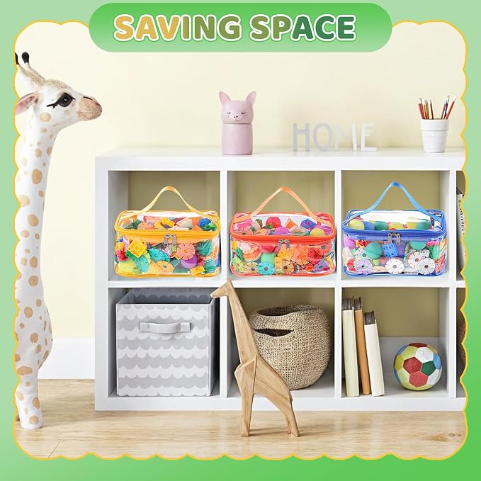 4 Pack Clear Toy Storage Bags, PVC Waterproof Toy Organizer, Colorful | Waterproof PVC, Transparent View, Reusable Zip Bags, Label Tags, for Blocks, Puzzles, Board Games, Travel and Home Storage