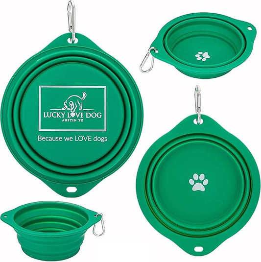 Lucky Love Dog Travel Bowl, Collapsible Compact Water Dog Dish (Grass)