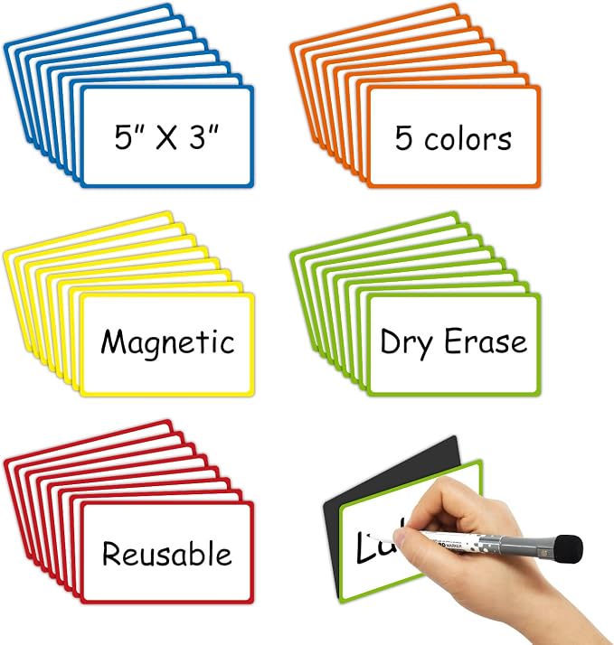 Colored Border Magnetic Labels 5x3 Inch 40 Pieces, Reusable Magnetic Dry Erase Labels for Whiteboards, Locker, School, Classroom, Office, Home