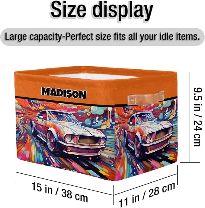 Custom Rectangle Storage Basket, Personalized Name Organizer Bins for Pet/Children Toys, Books, Clothes, Perfect for Rooms/Playroom, Watercolor Painted Car