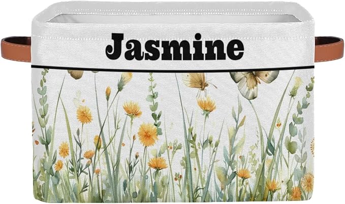 Personalized Foldable Spring Floral Storage Basket with Name for Boys, Laundry Hamper Dirty Clothes Pet Toys Storage Bin with Handles for Shelf Home Closet, Spring Wild Floral Butterfly Watercolor