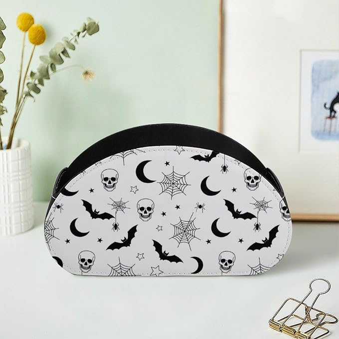 Remote Control Holder Gothic Skull Bat Web 5-Slot Office Storage Caddy Box | Makeup Brush Organizer, Pu Leather, Gothic Skull Bat Spider Web Moon Art Desktop Accessory for TV Remotes Media Player