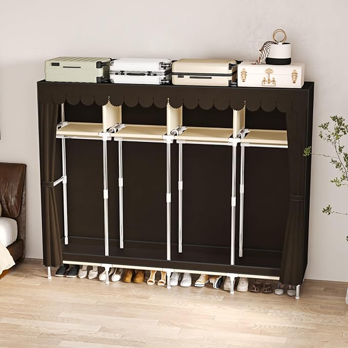 Large Portable Armoire Wardrobe Closet with 4 Hanging Rods and Lockers,Metal Storage Wardrobe Clothes Rack with Dust Cover for Clothes,16.7 in Wide,Bedroom,Gray (Brown, 77.5 in)
